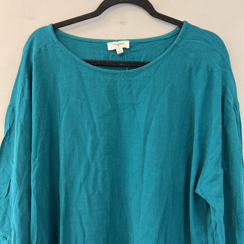 Umgee Teal 3/4 Sleeve Frayed Detail Top Small
