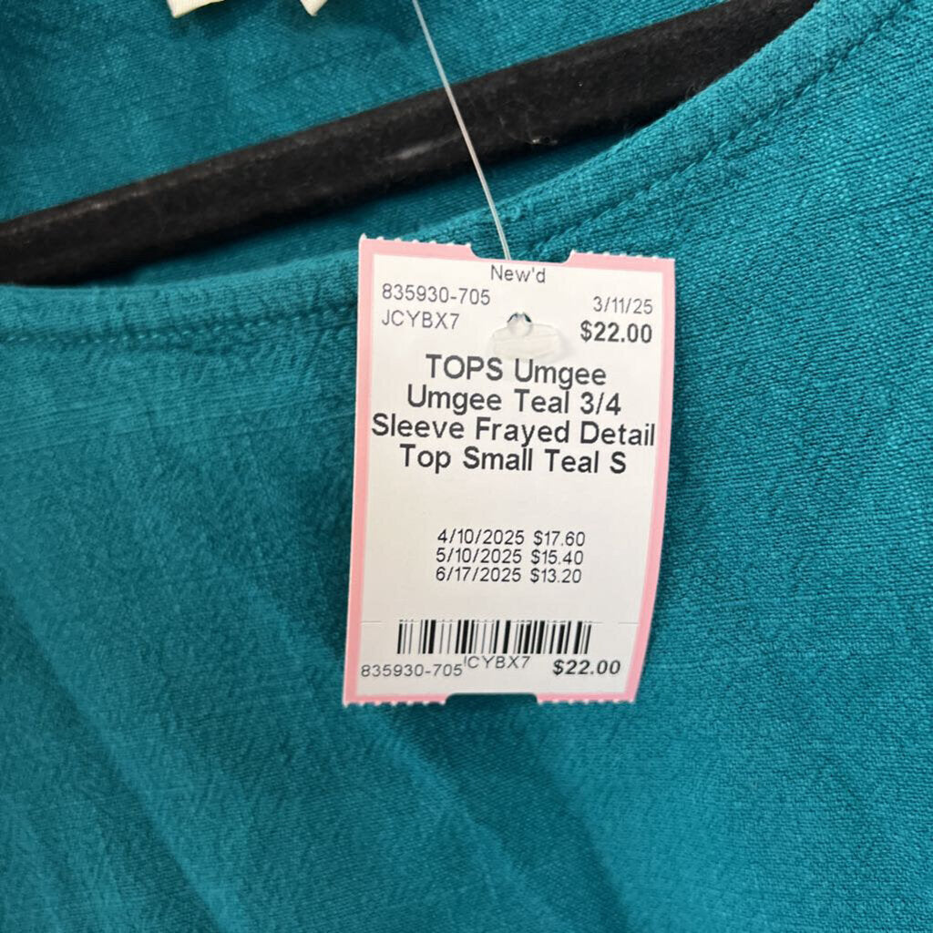Umgee Teal 3/4 Sleeve Frayed Detail Top Small
