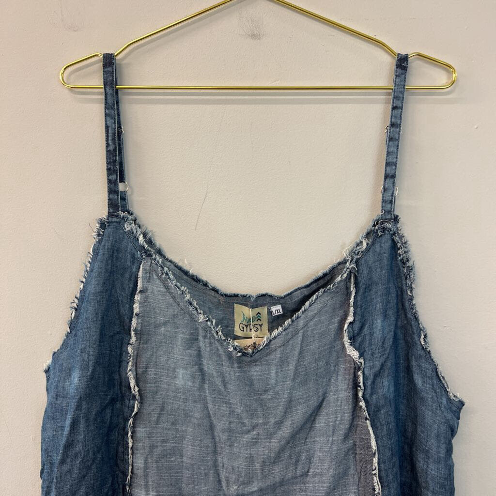 Jaded Gypsy Blue Chambray Frayed Detail Tank Top L/XL