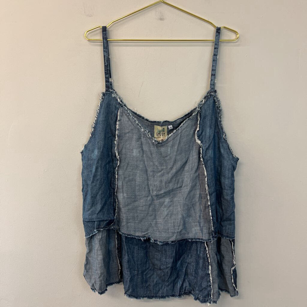 Jaded Gypsy Blue Chambray Frayed Detail Tank Top L/XL