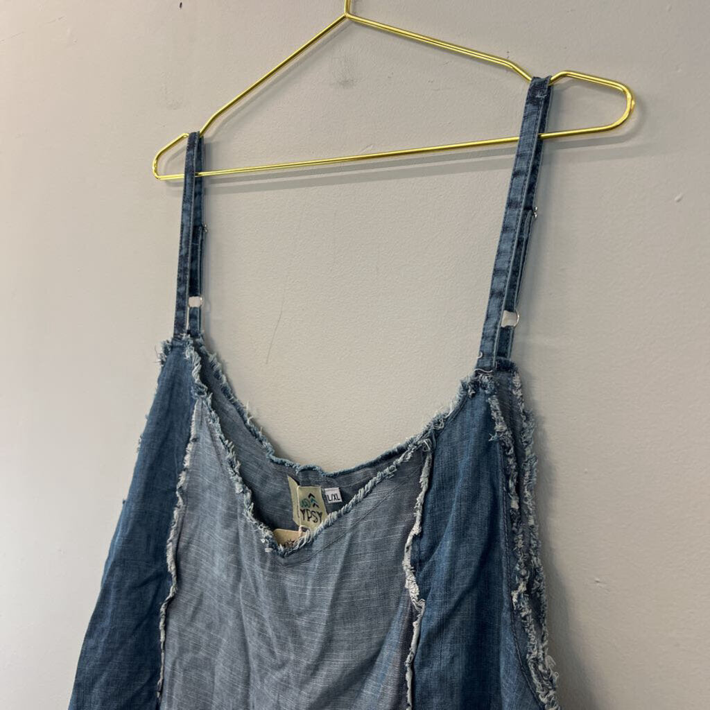 Jaded Gypsy Blue Chambray Frayed Detail Tank Top L/XL
