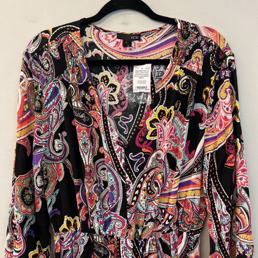 ICE Black/ Multi Print Long Sleeve Maxi Dress Large