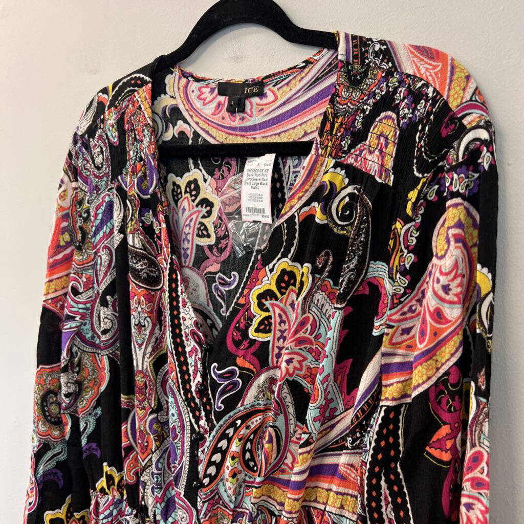 ICE Black/ Multi Print Long Sleeve Maxi Dress Large