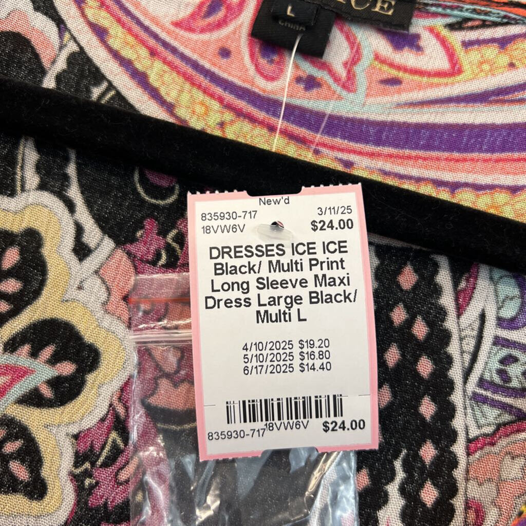 ICE Black/ Multi Print Long Sleeve Maxi Dress Large