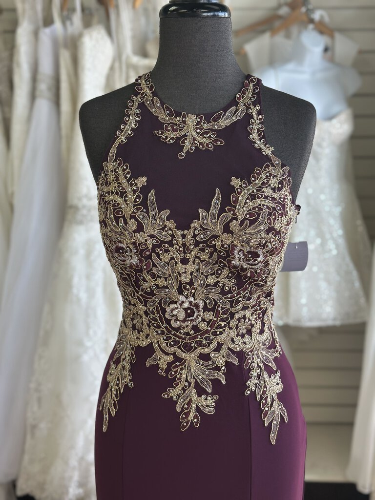 Burgundy Gold Lace Long Fitted Formal 6