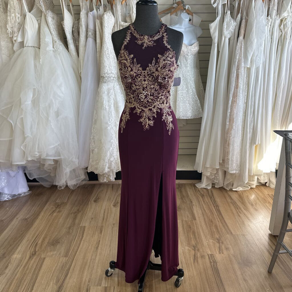 Burgundy Gold Lace Long Fitted Formal 6