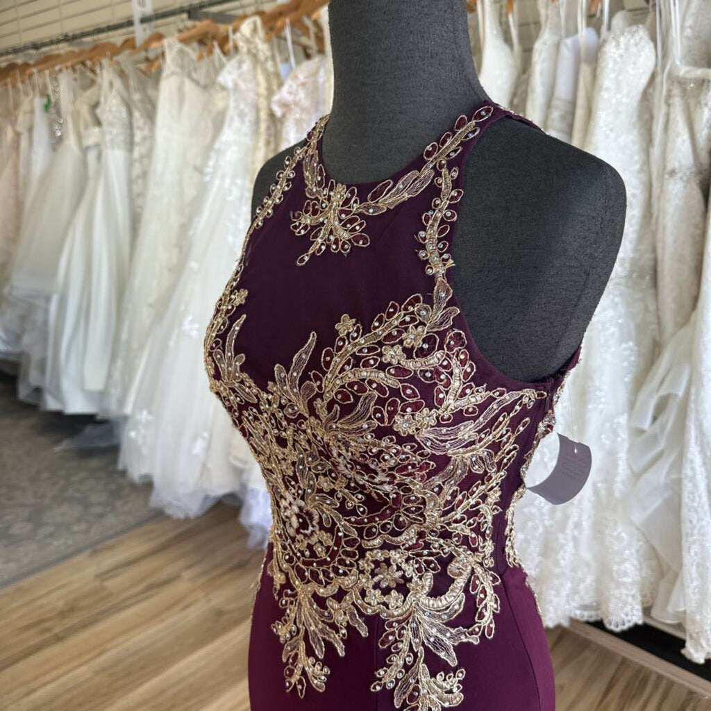 Burgundy Gold Lace Long Fitted Formal 6
