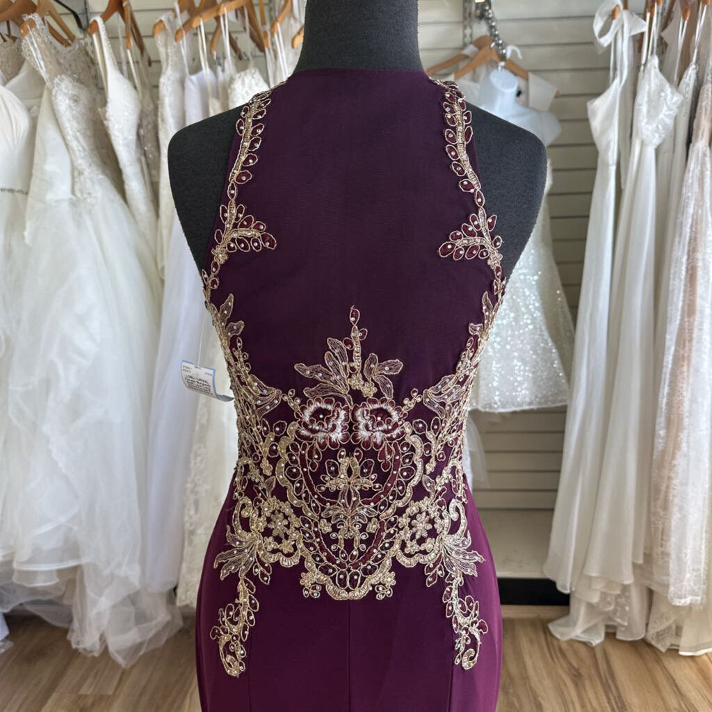 Burgundy Gold Lace Long Fitted Formal 6