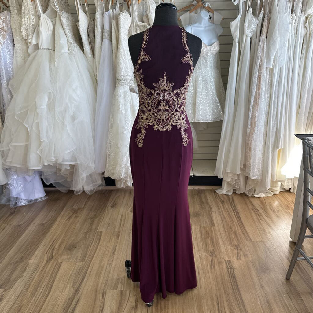 Burgundy Gold Lace Long Fitted Formal 6