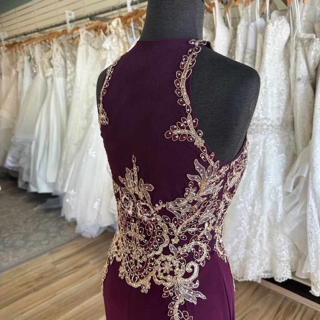 Burgundy Gold Lace Long Fitted Formal 6