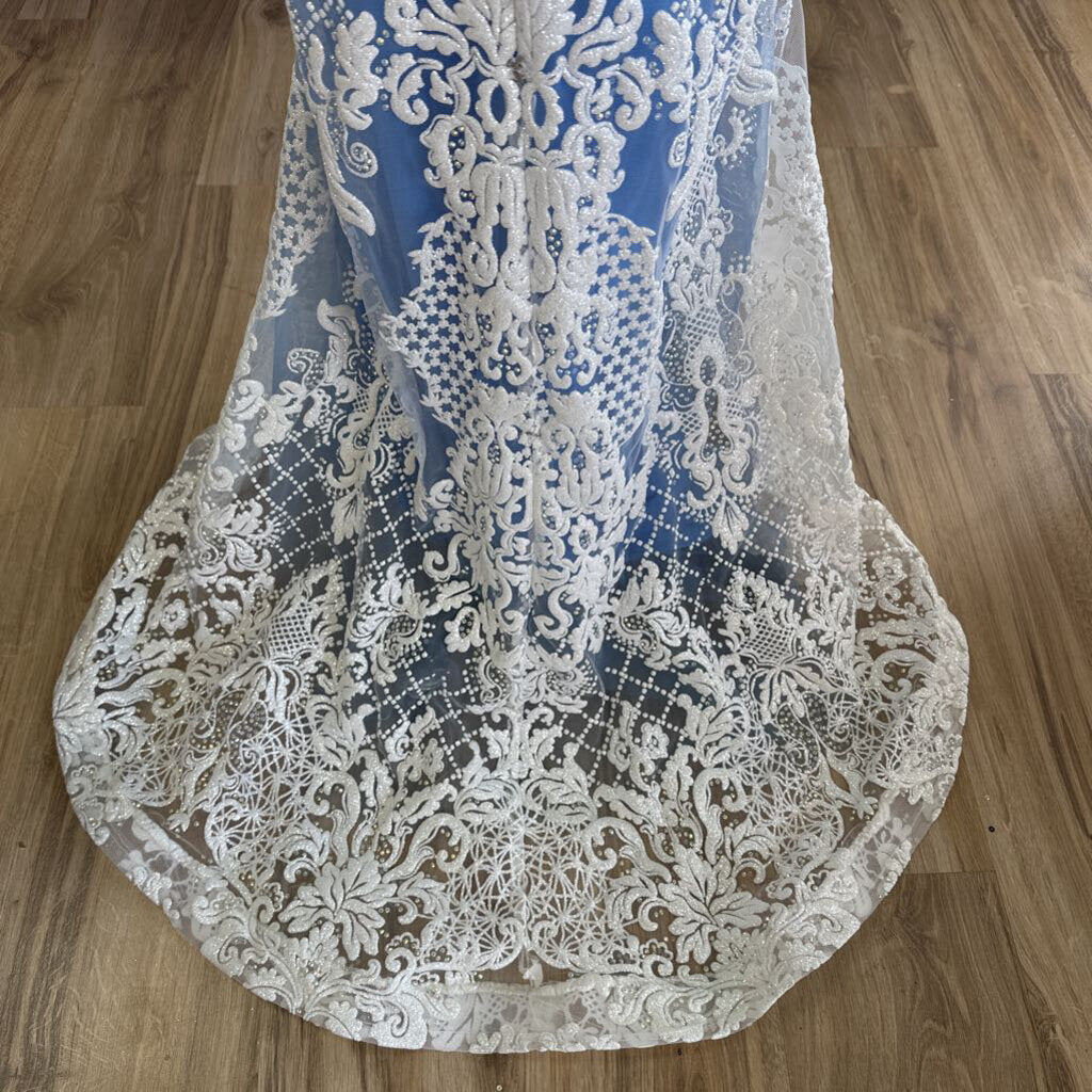 Rachel Allan Periwinkle Blue/White Shimmer Patterned Long Formal 14W