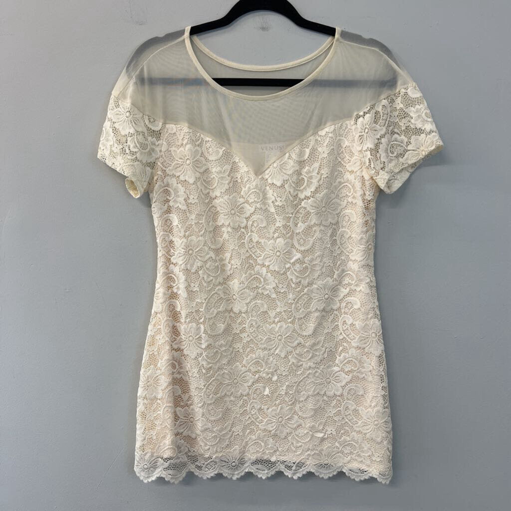 Venus Cream Lace Short Sleeve Tunic Top Large