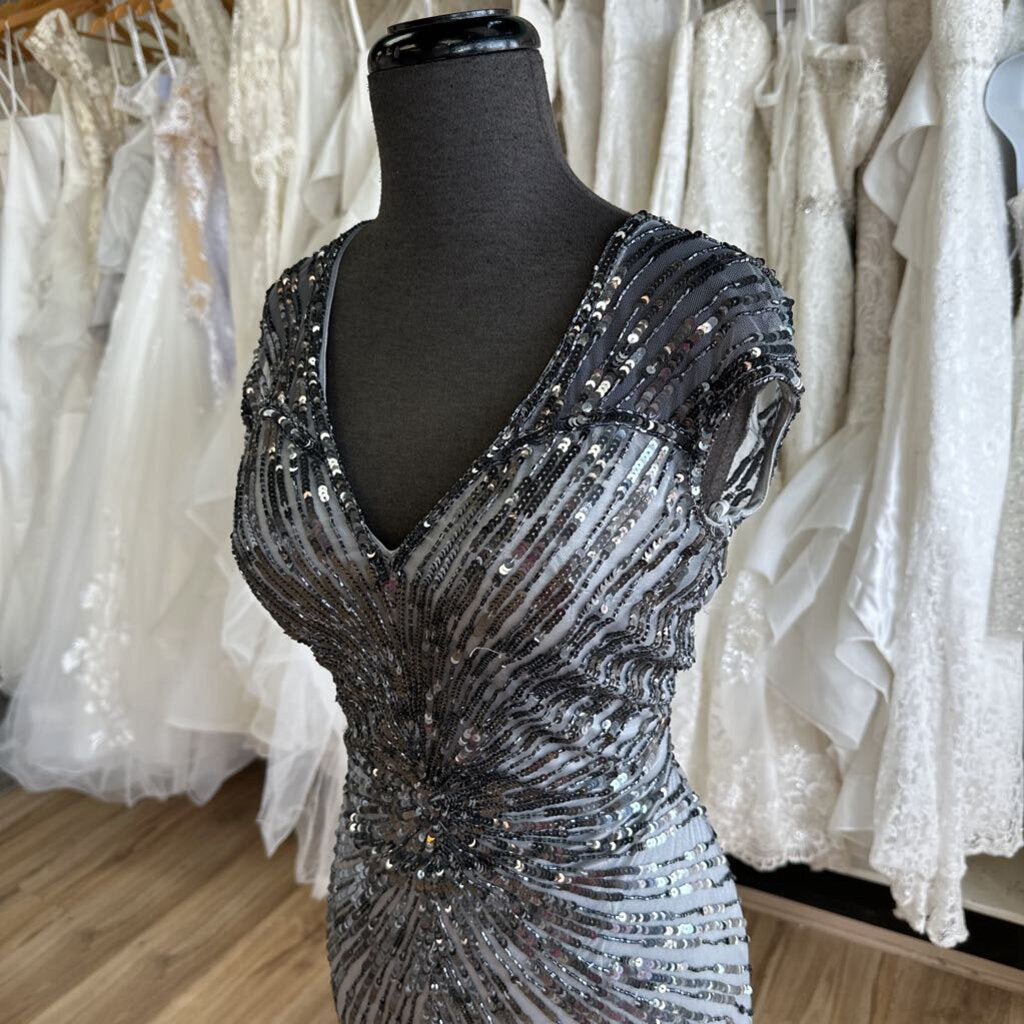 MacDuggal Charcoal Sequin Fitted Long Formal 12