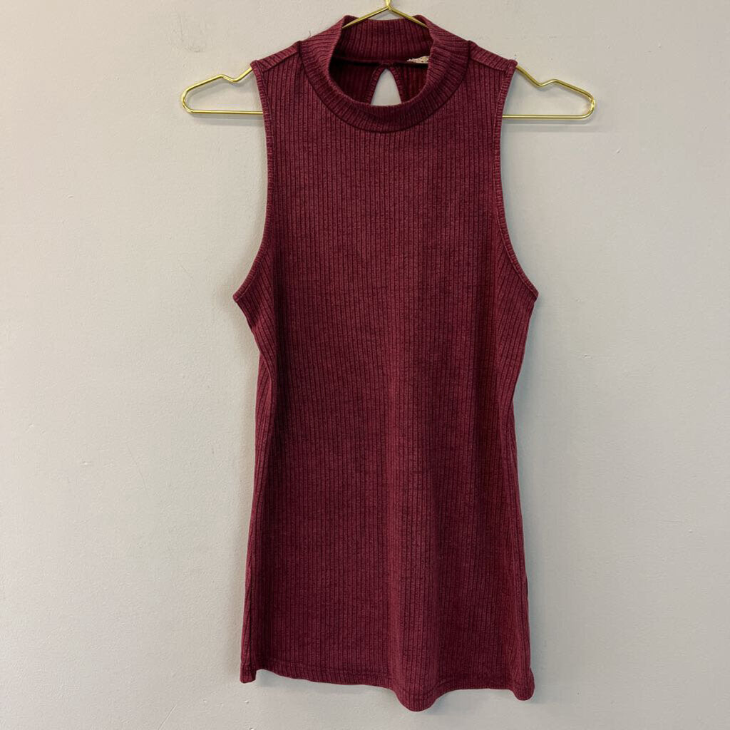 Burgundy Ribbed Mock Neck Sleeveless Top Large