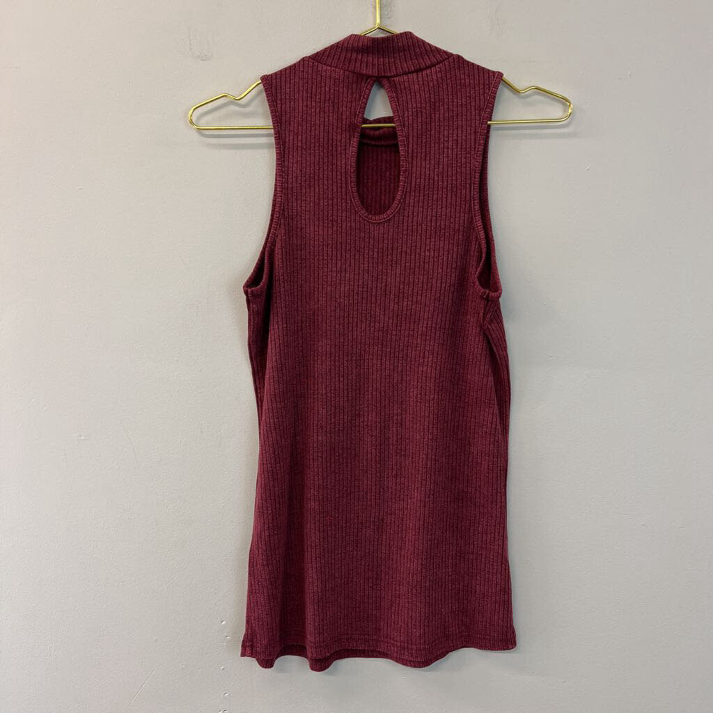Burgundy Ribbed Mock Neck Sleeveless Top Large