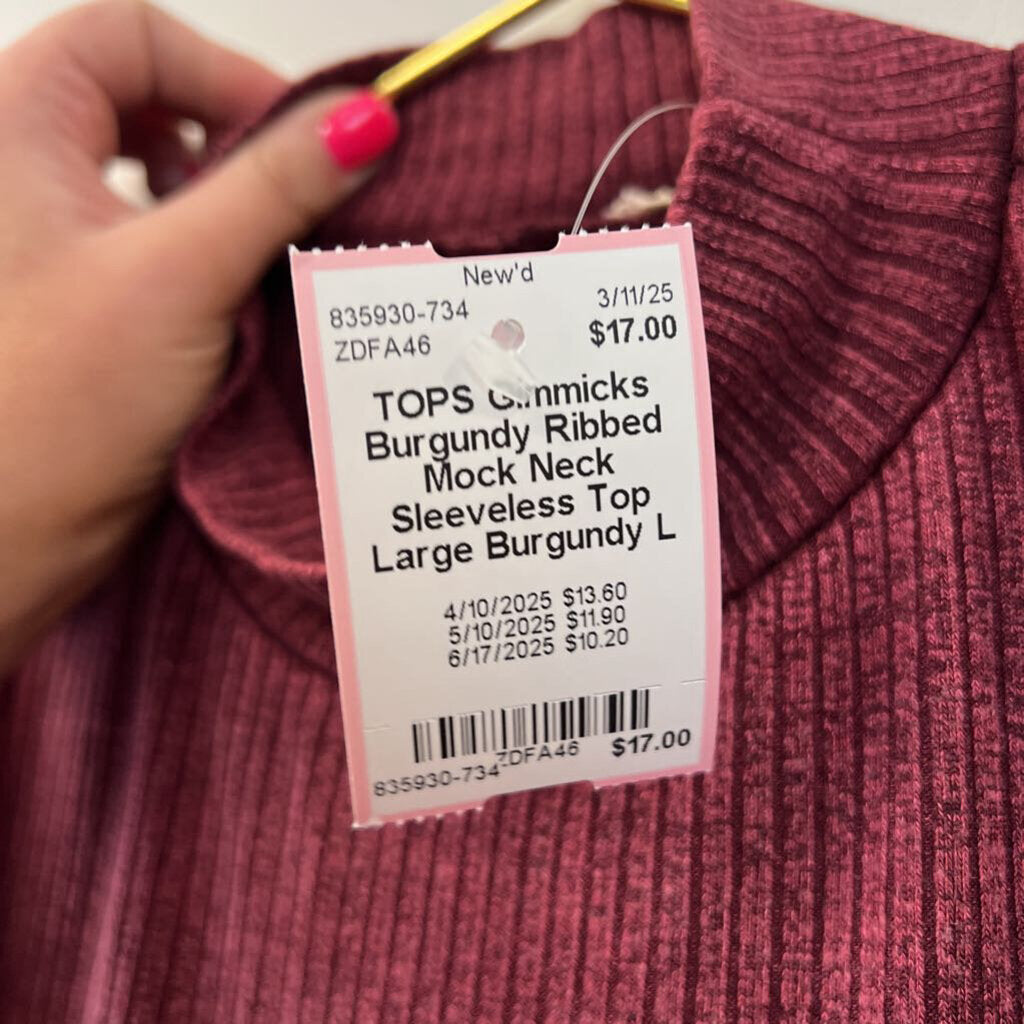 Burgundy Ribbed Mock Neck Sleeveless Top Large