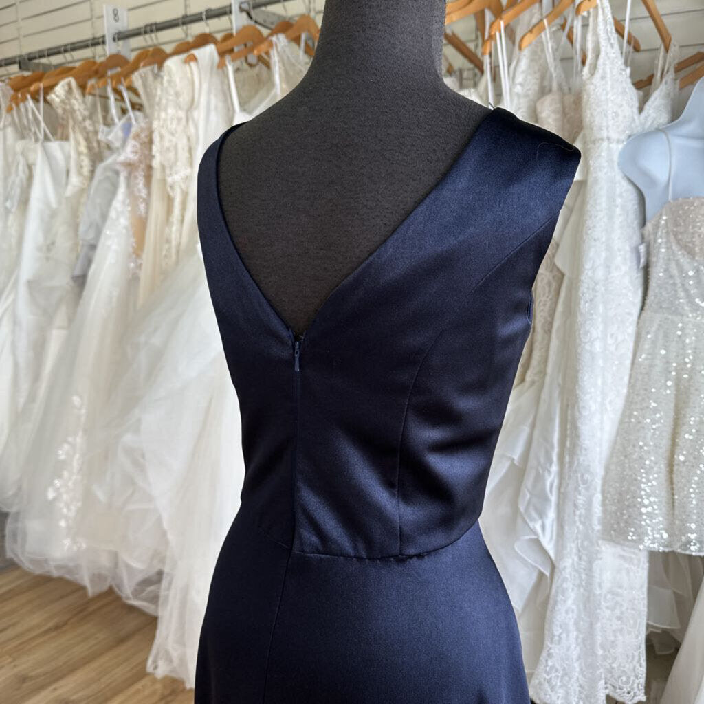 Navy Silky Satin A-Line Long Formal 16