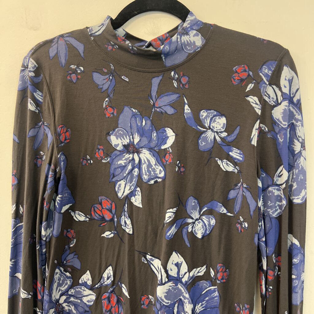 Free People Grey/ Blue Flower Print Long Sleeve Mock Neck Top Large