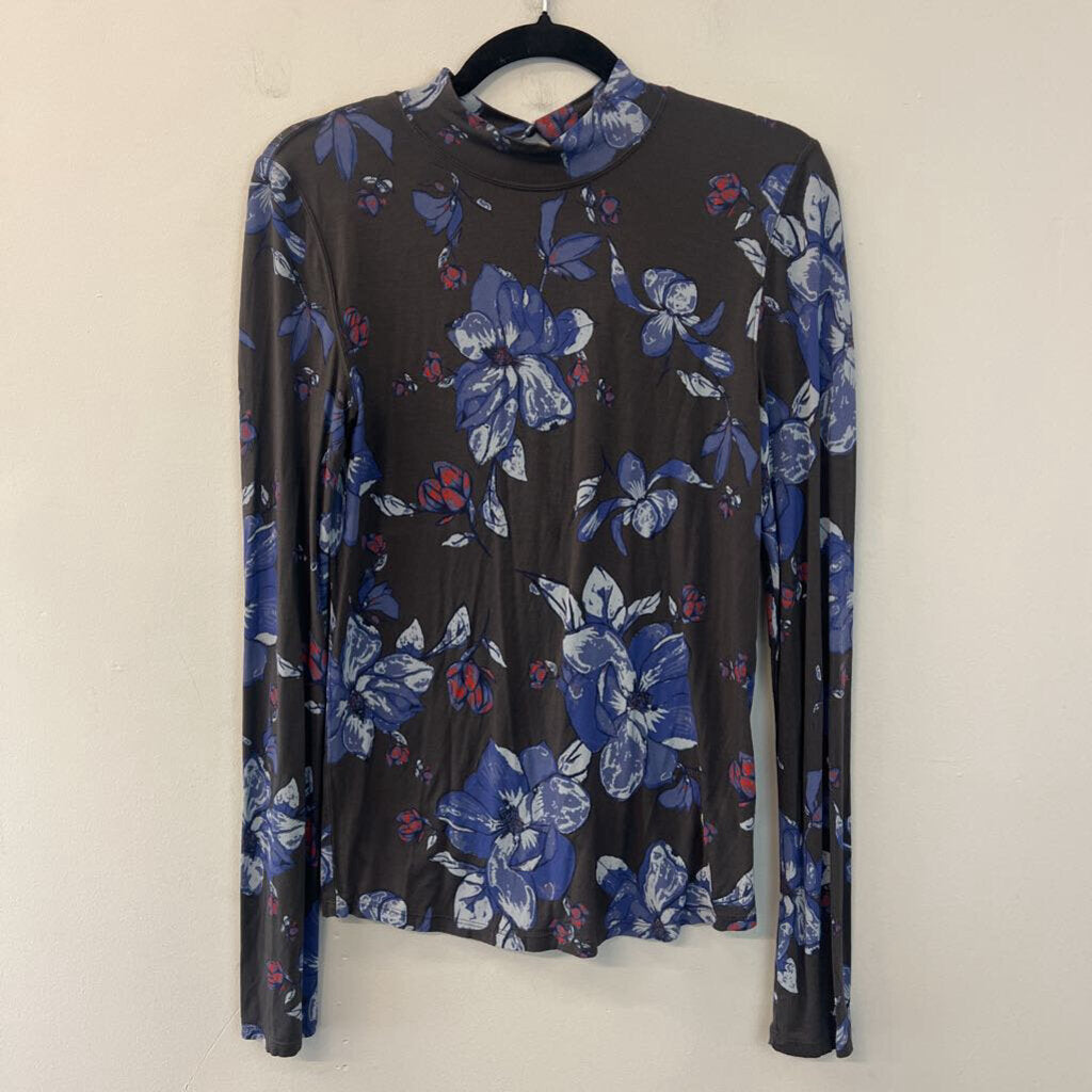 Free People Grey/ Blue Flower Print Long Sleeve Mock Neck Top Large