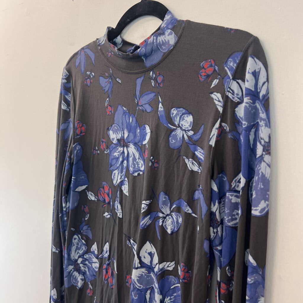 Free People Grey/ Blue Flower Print Long Sleeve Mock Neck Top Large