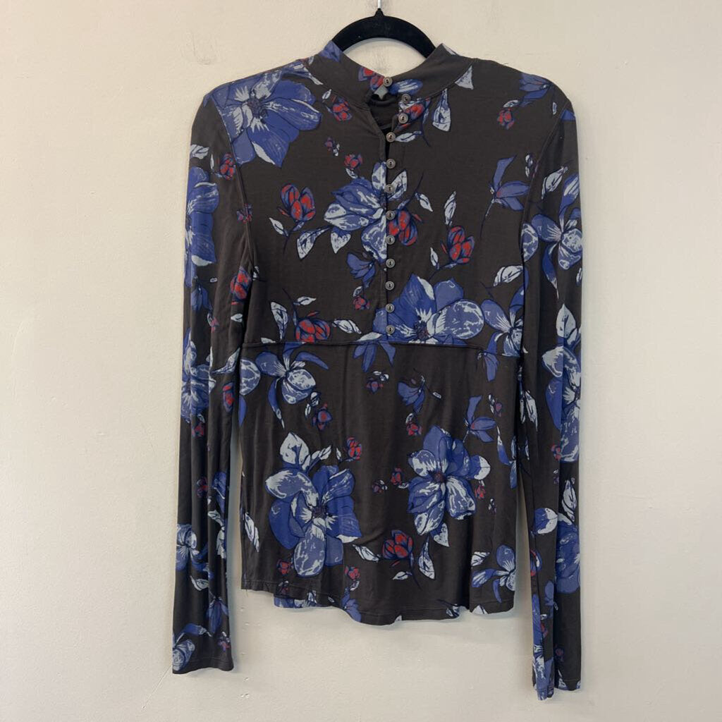 Free People Grey/ Blue Flower Print Long Sleeve Mock Neck Top Large