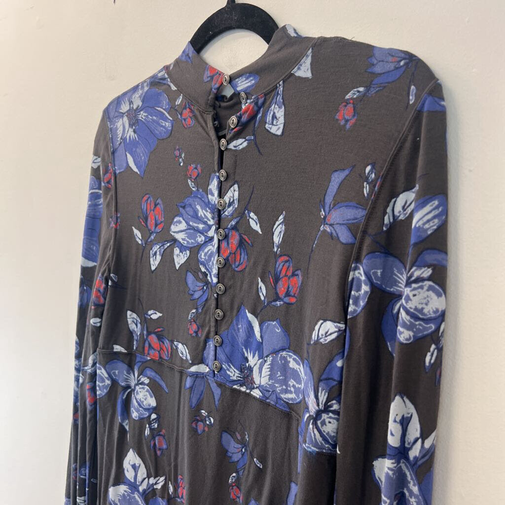 Free People Grey/ Blue Flower Print Long Sleeve Mock Neck Top Large