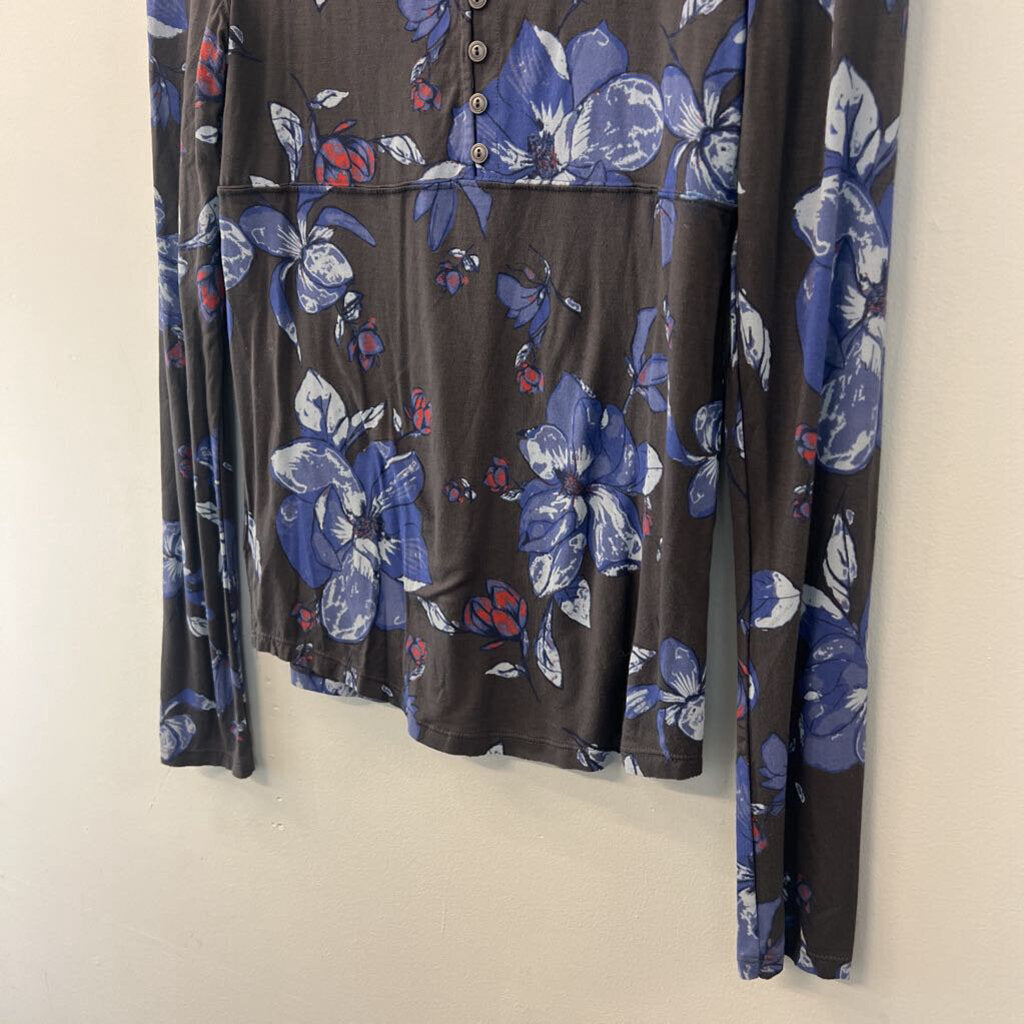 Free People Grey/ Blue Flower Print Long Sleeve Mock Neck Top Large