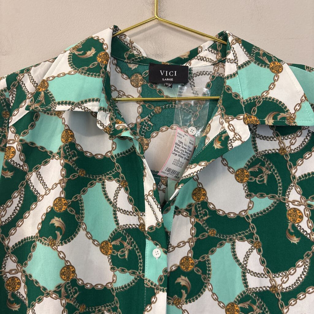Vici White/ Green Chain Print Long Sleeve Button Down Top Large
