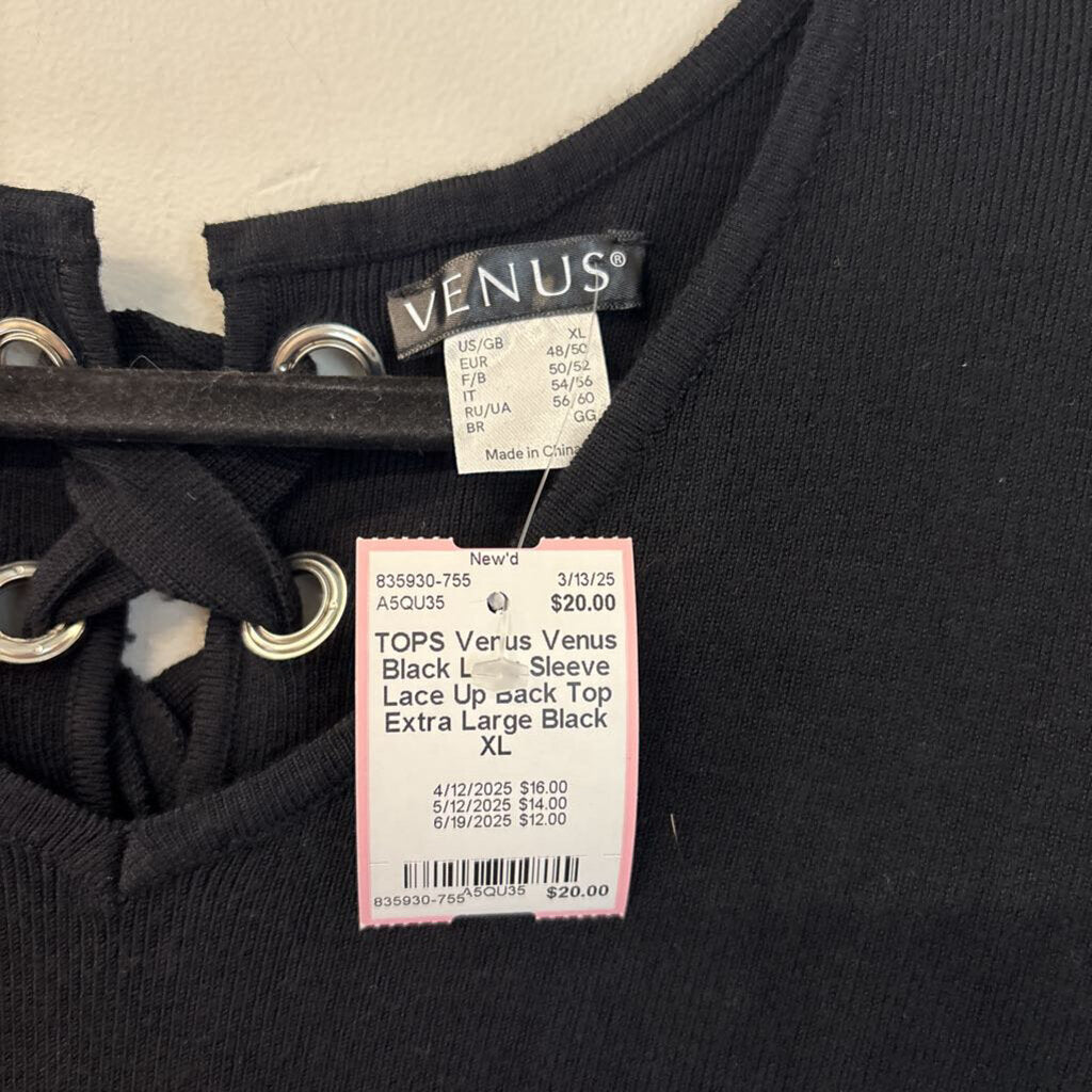 Venus Black Long Sleeve Lace Up Back Top Extra Large