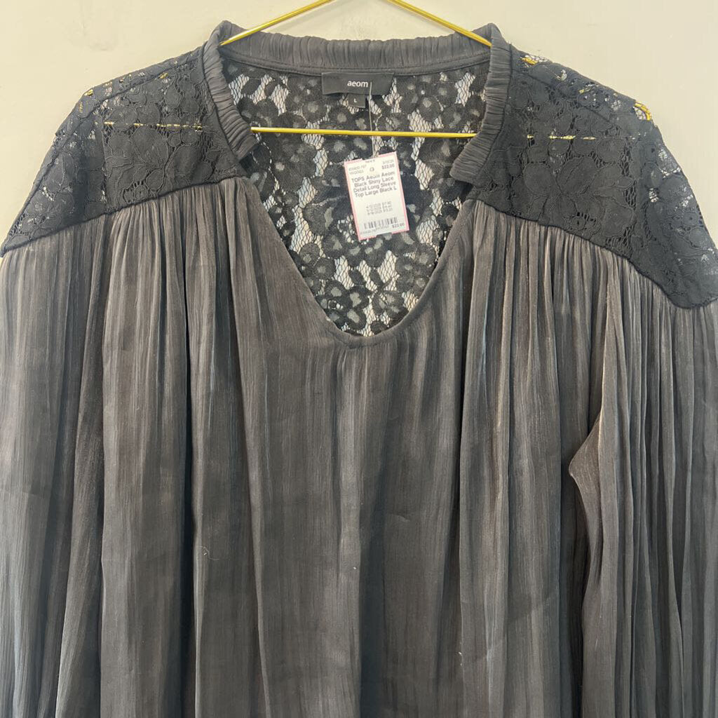 Aeom Black Shiny Lace Detail Long Sleeve Top Large