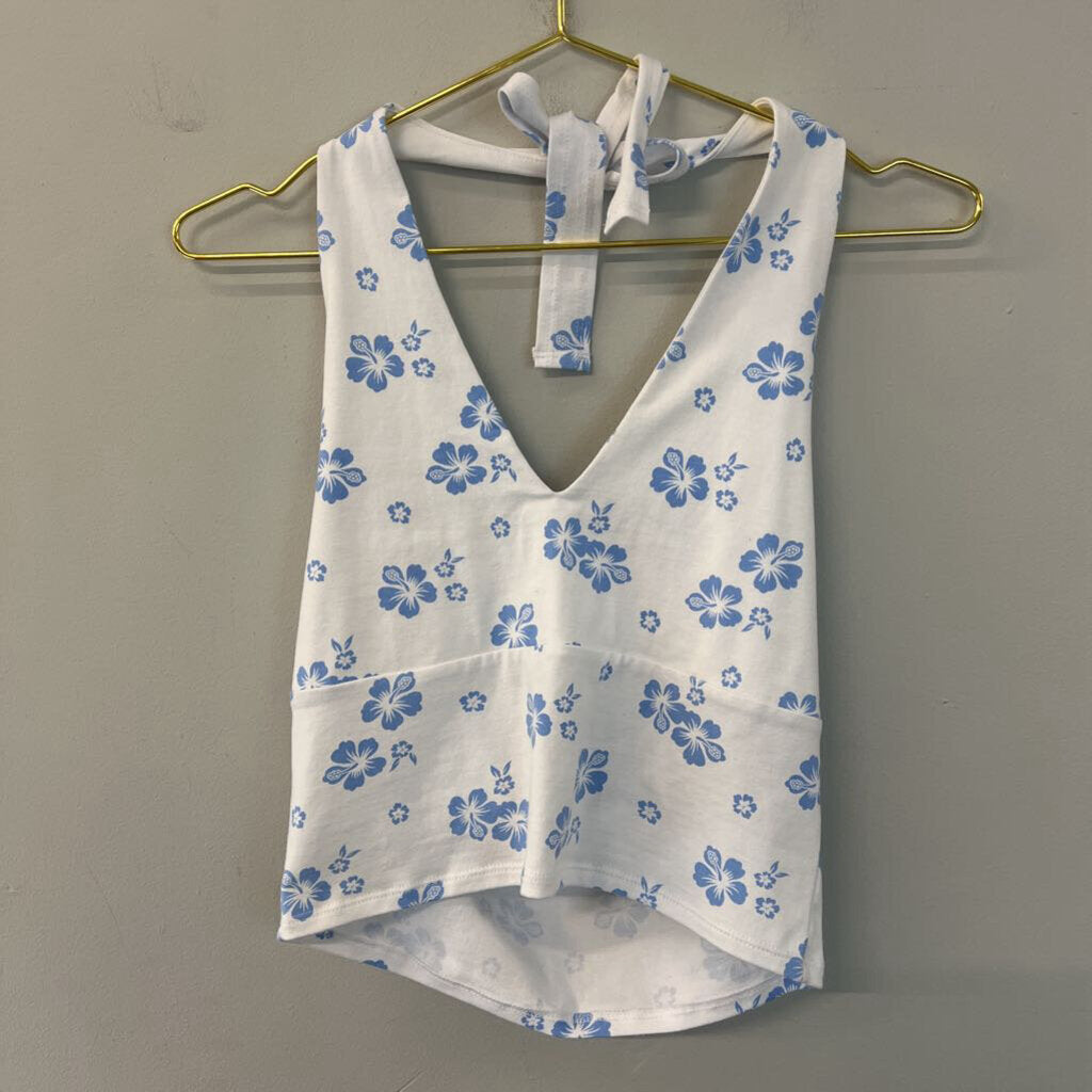 Hollister Blue/ White Print Halter Crop Top Large