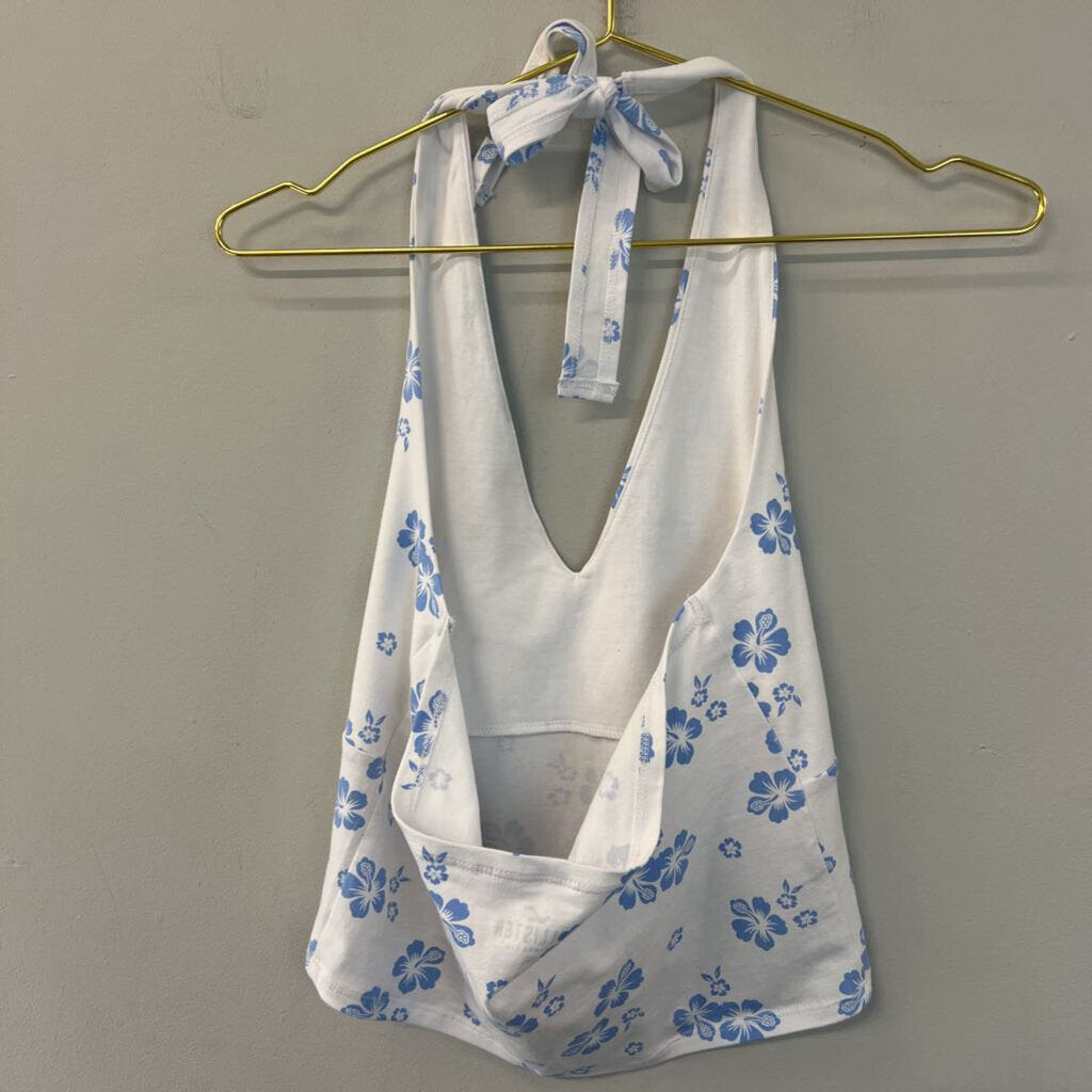 Hollister Blue/ White Print Halter Crop Top Large