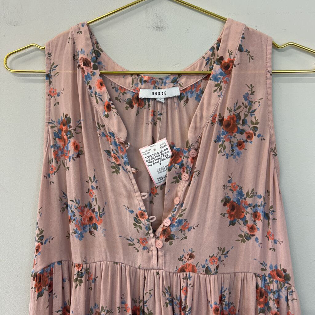 RO and DE Pink Flower Print Tiered Tank Top Small