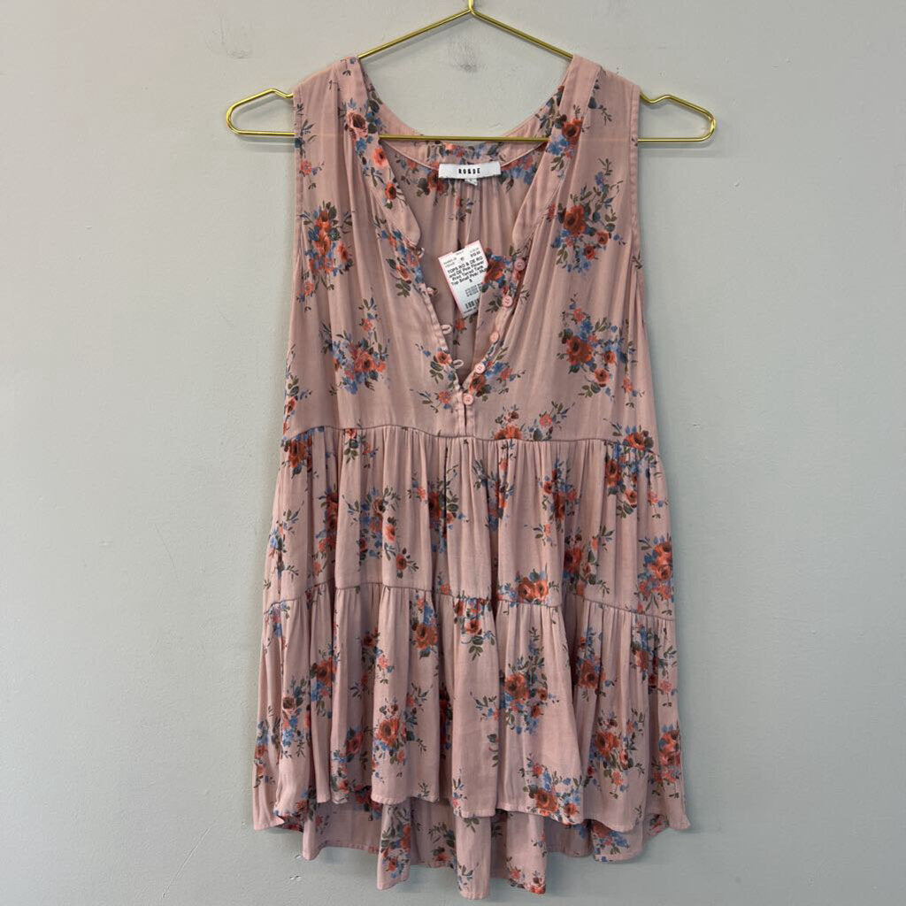 RO and DE Pink Flower Print Tiered Tank Top Small
