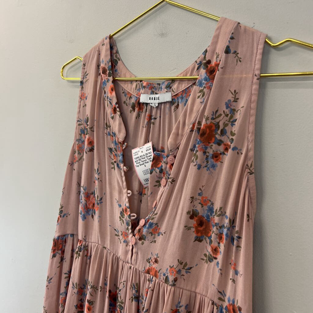 RO and DE Pink Flower Print Tiered Tank Top Small