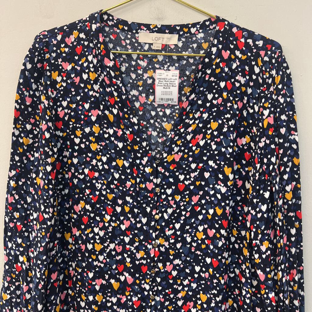 Loft Blue/ Multi Heart Print Long Sleeve Dress Medium