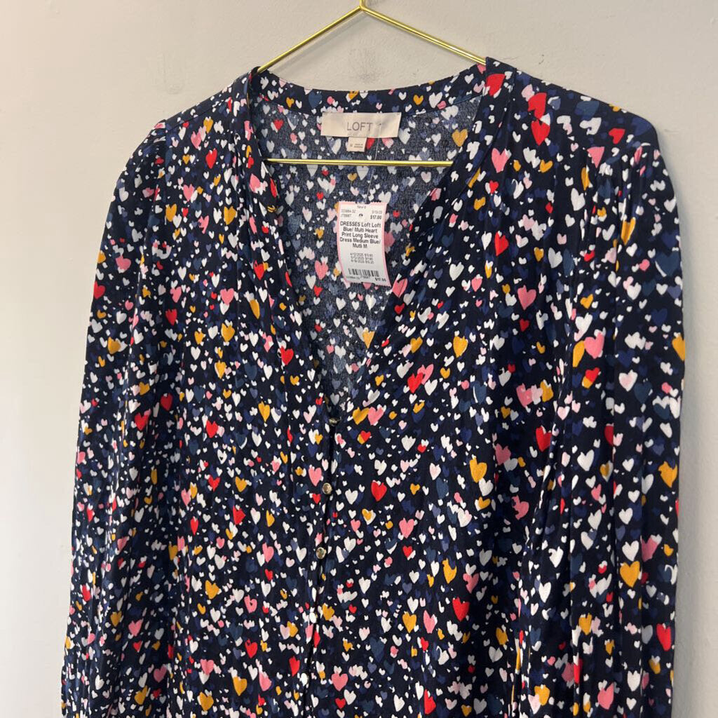 Loft Blue/ Multi Heart Print Long Sleeve Dress Medium