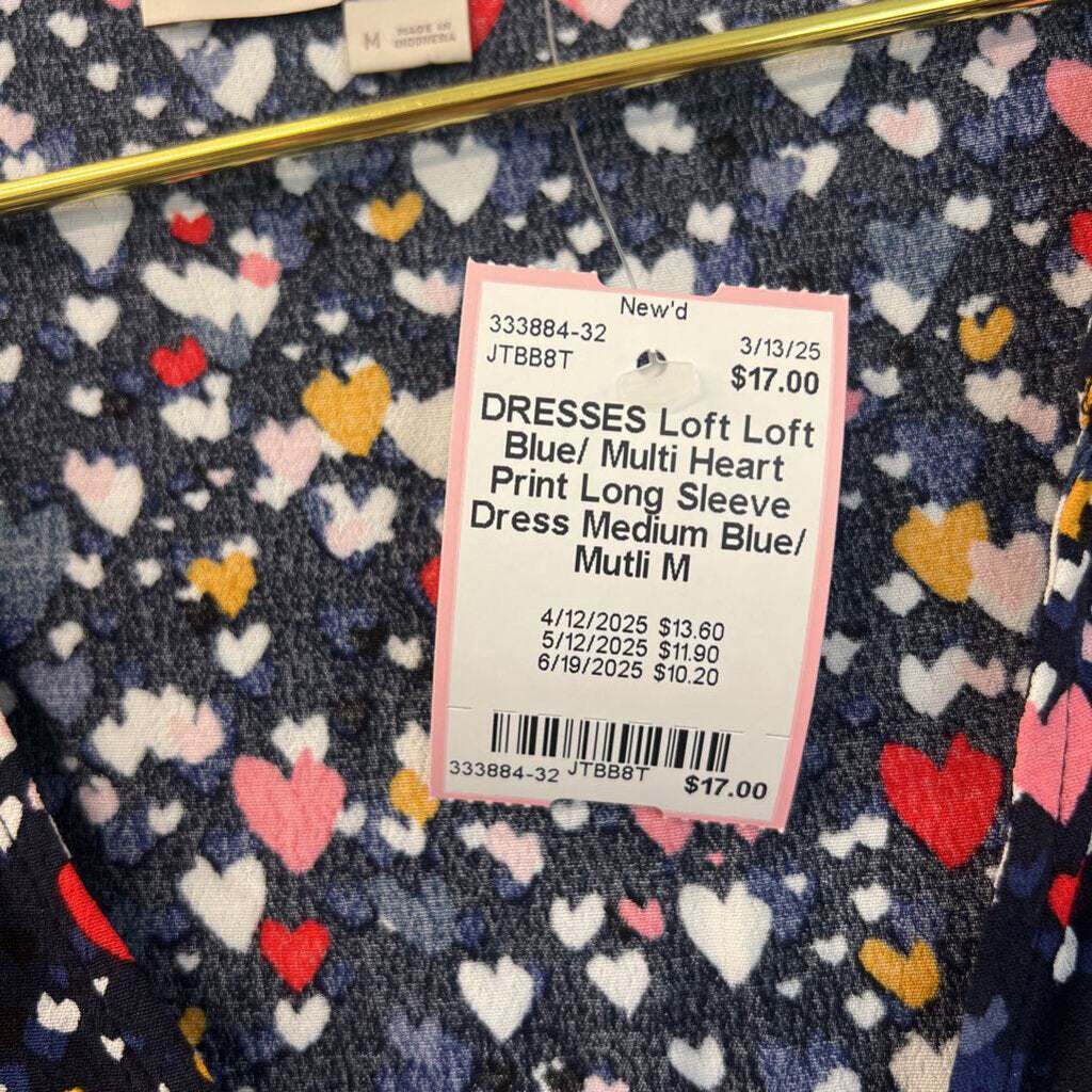 Loft Blue/ Multi Heart Print Long Sleeve Dress Medium
