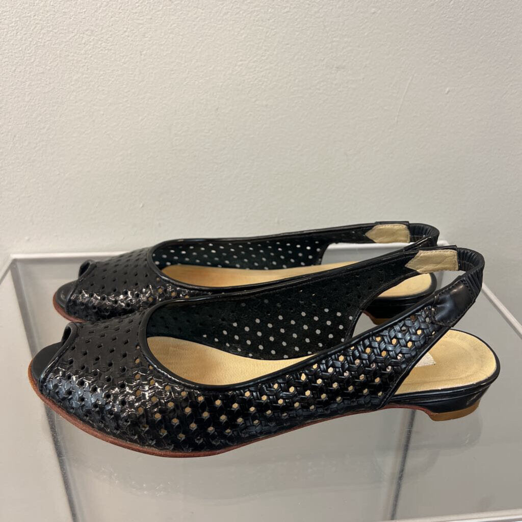 Vintage Botticelli Black Patent Leather Sling Back Peep Toe Flats 6.5