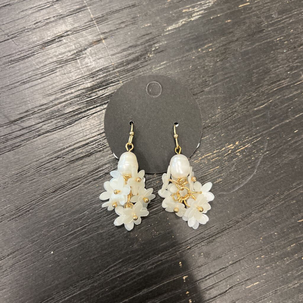 Gold/ White Flower Cluster Drop Earrings