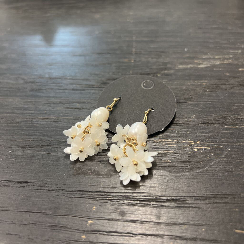 Gold/ White Flower Cluster Drop Earrings
