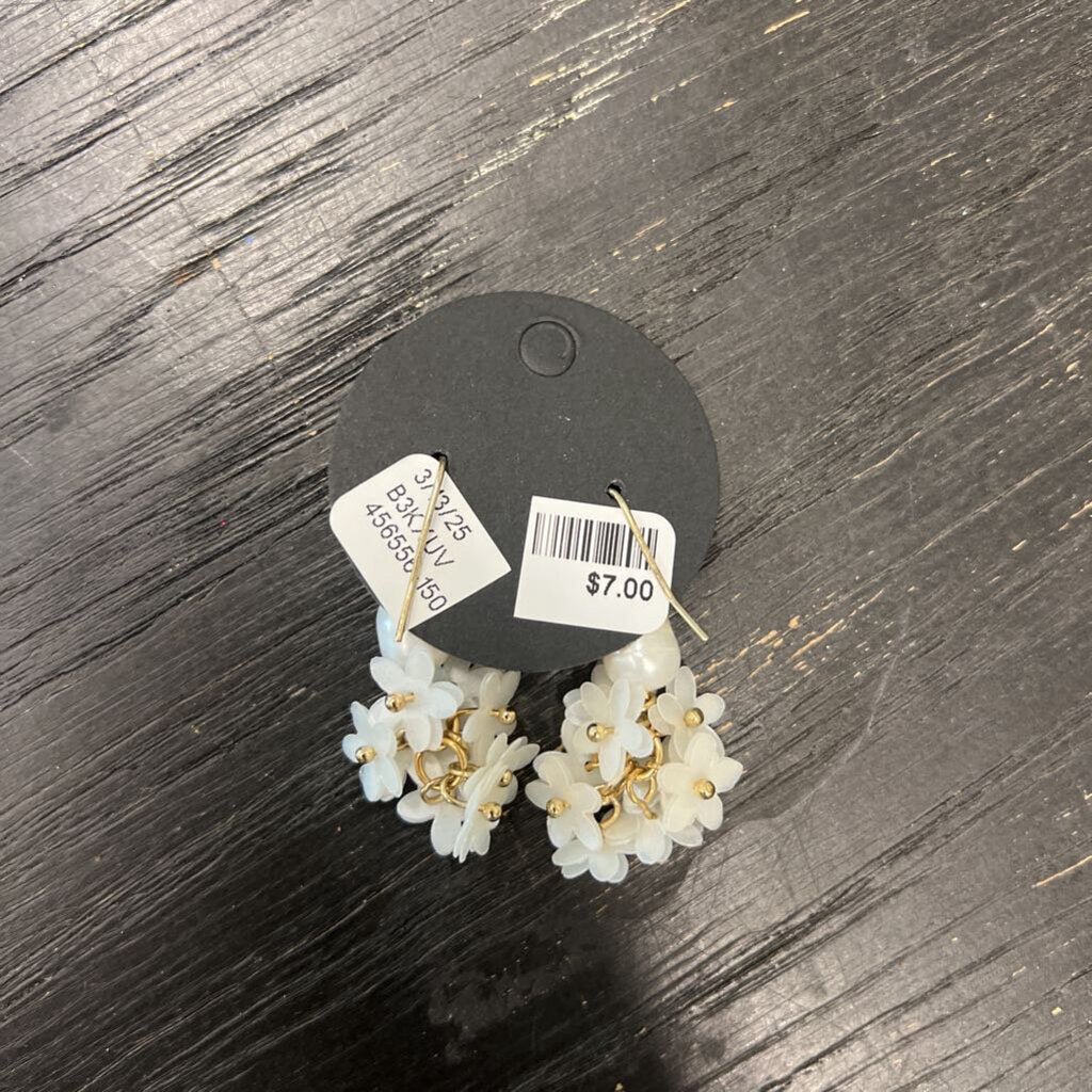 Gold/ White Flower Cluster Drop Earrings