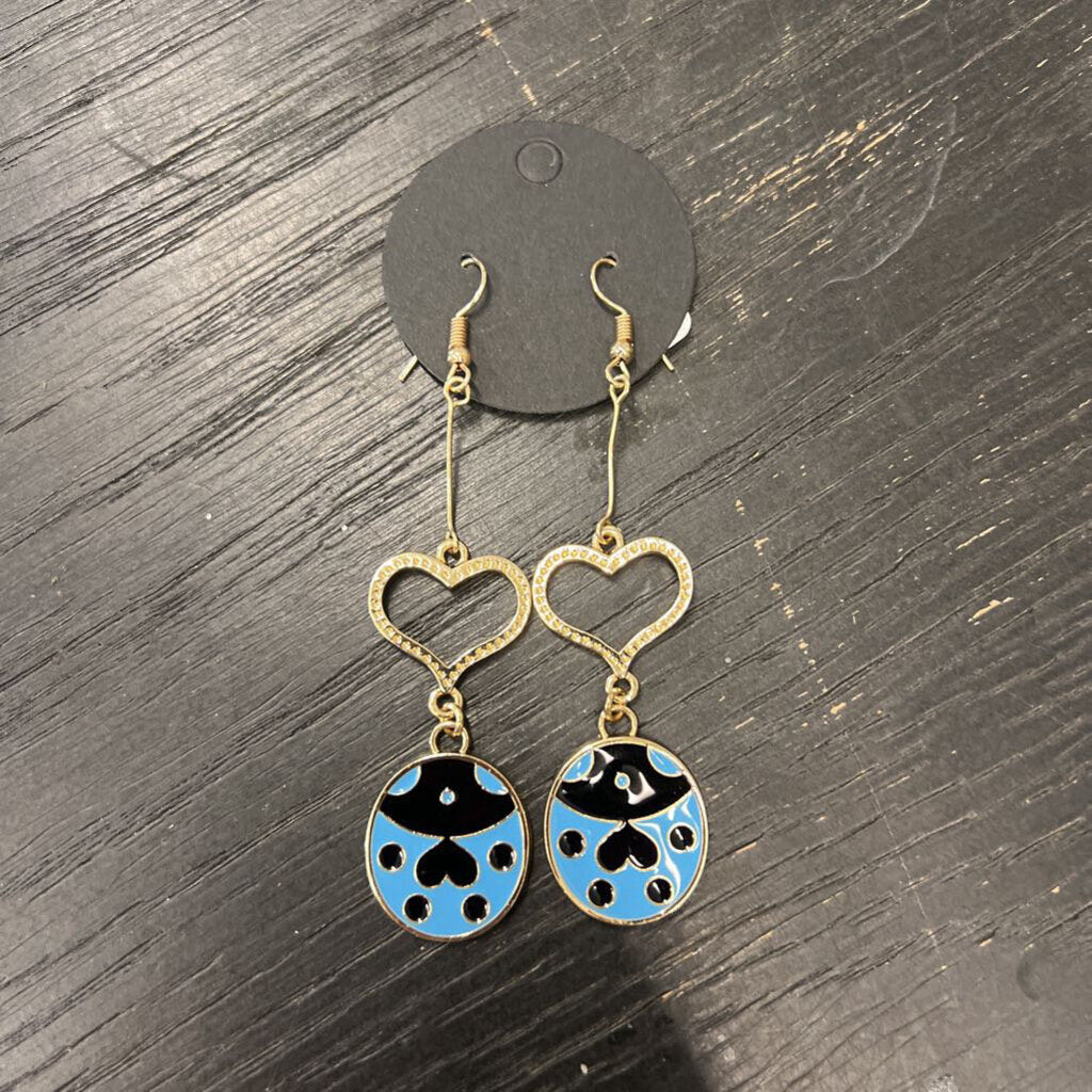 Gold/ Blue Heart Print Drop Earrings