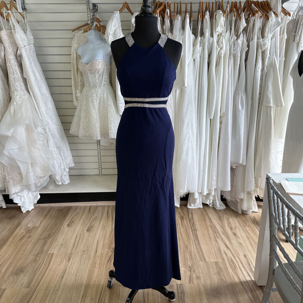 My Michelle Jersey Rhinestone Halter Long Dress 1