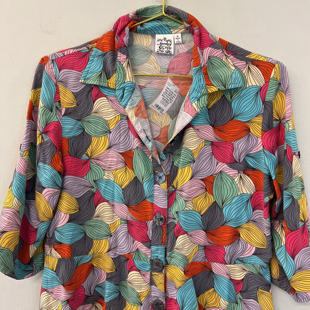 Parsley and Sage Multi Color Print Short Sleeve Button Down Top Small