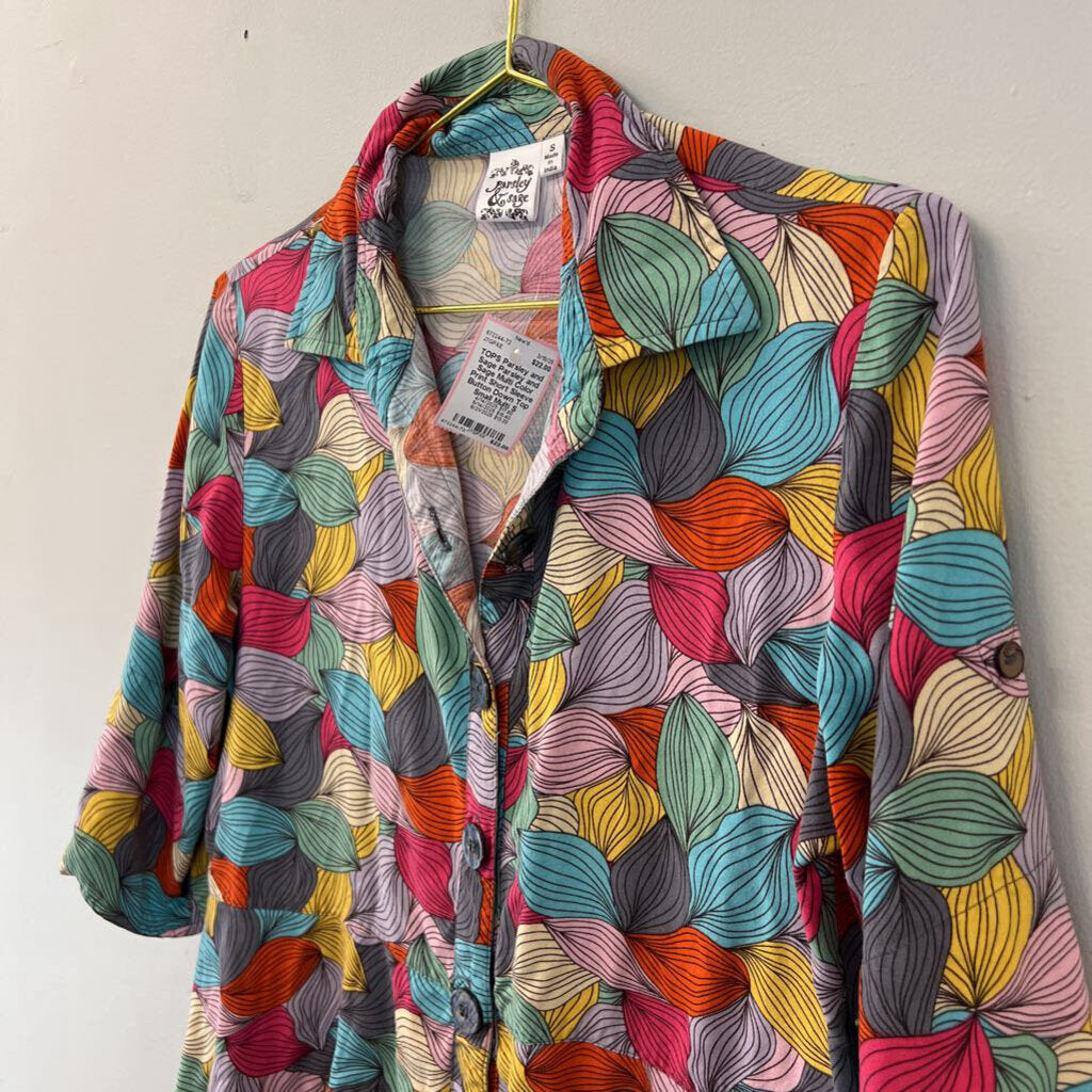 Parsley and Sage Multi Color Print Short Sleeve Button Down Top Small