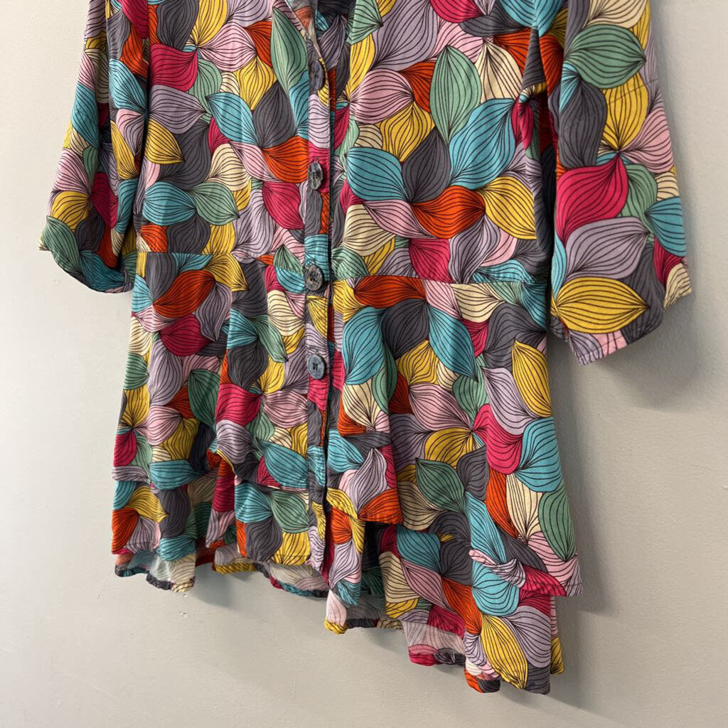 Parsley and Sage Multi Color Print Short Sleeve Button Down Top Small