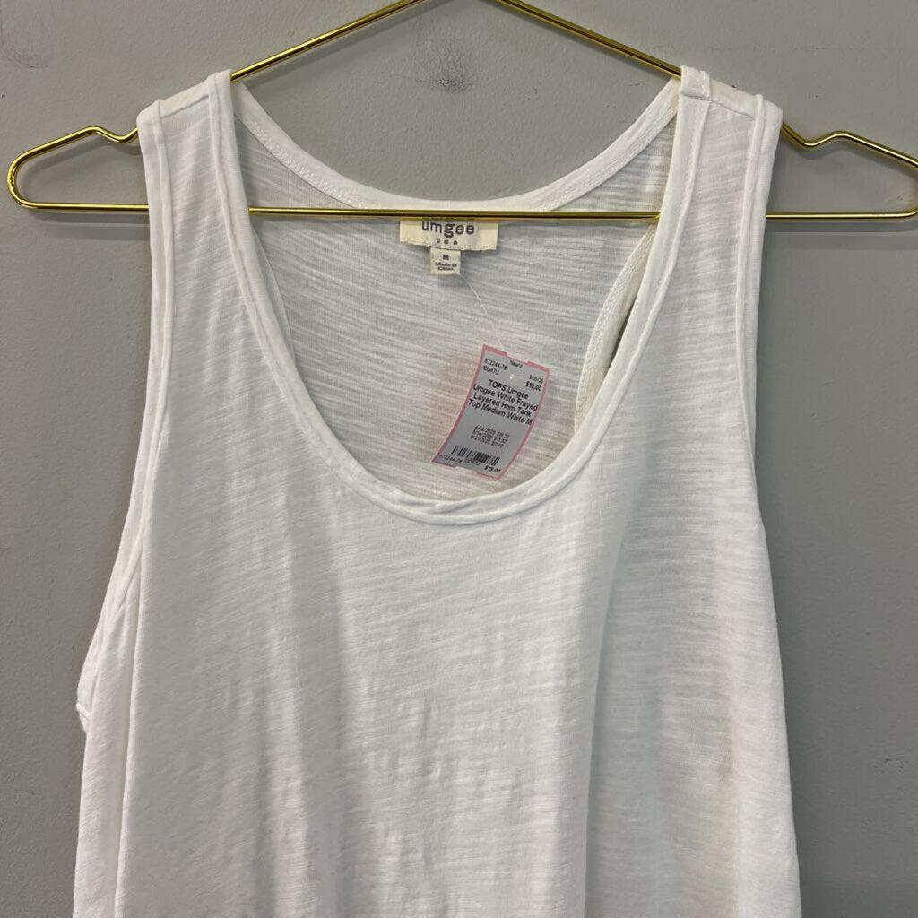 Umgee White Frayed Layered Hem Tank Top Medium