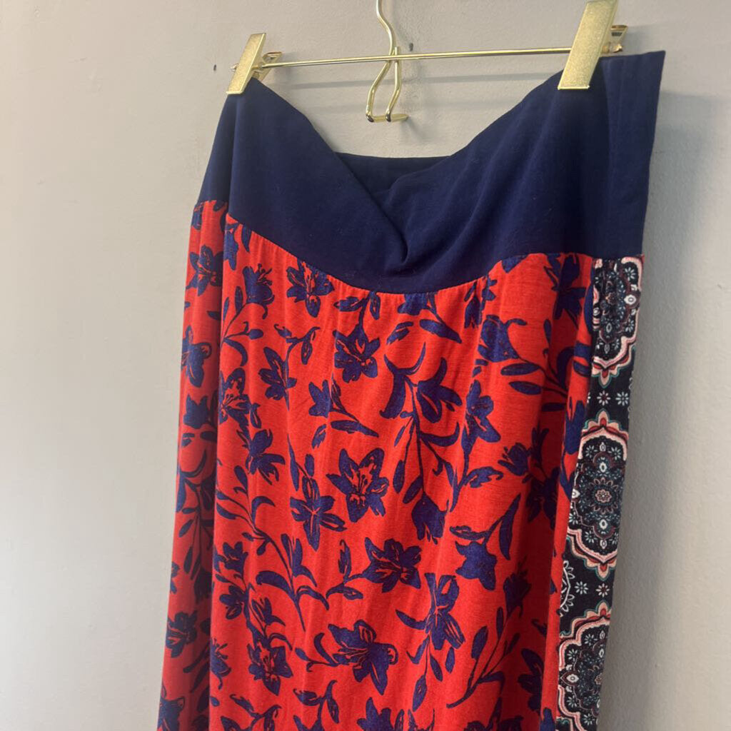 Black/ Red/ Blue Print Reversible Sides Maxi Skirt Large