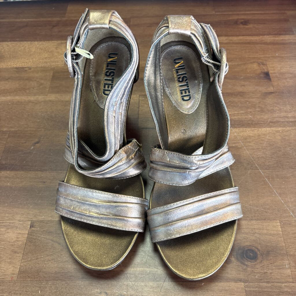 Unlisted Bronze Strappy Open Toe Heels 6